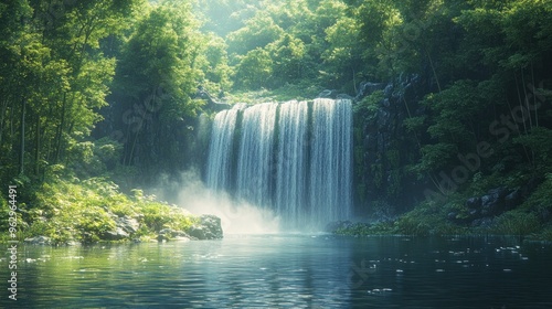 Serene waterfall cascading into a tranquil forest pool.