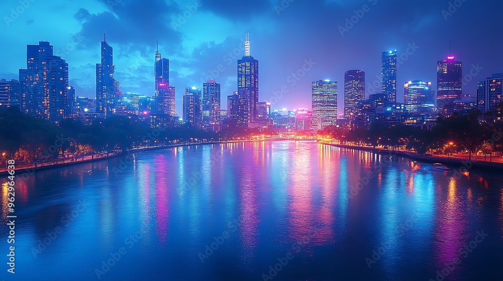 Obraz premium A vibrant city skyline reflected in a calm river at dusk.