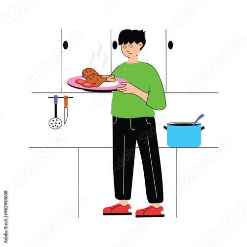 A person proudly serves a freshly cooked meal on a plate