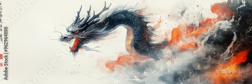 Traditional Chinese Dragon Artwork with Faint Ink Wash, Abstract Simplicity on White Background. Conveys Cultural Elegance and Artistic Conception.