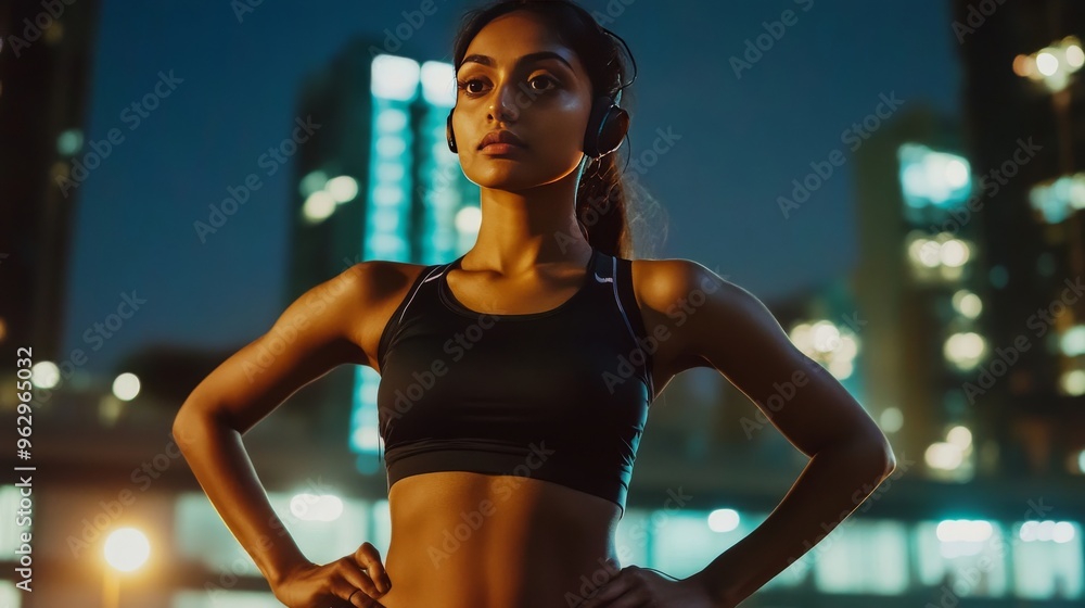 Young Indian woman in sportswear wearing earphones after run Young Indian woman in sportswear wearing earphones after run