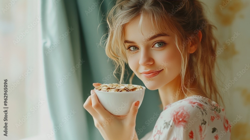 © Togrul - Lovely homemaker enjoying a bowl of granola. © Togrul - Lovely homemaker enjoying a bowl of granola.