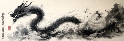 Traditional Chinese Dragon Artwork with Faint Ink Wash, Abstract Simplicity on White Background. Conveys Cultural Elegance and Artistic Conception.