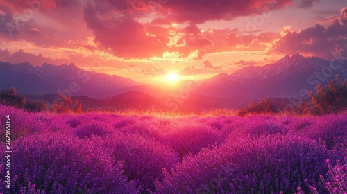 Sunset over a lavender field, a mesmerizing display of nature's artistry, where the soft light of the setting sun illuminates the purple blossoms, creating a sense of peace and tranquility.