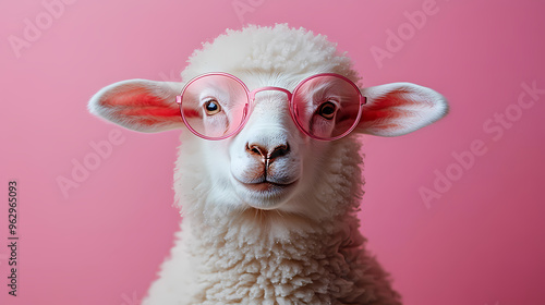 A sheep wearing glasses against a pink backdrop