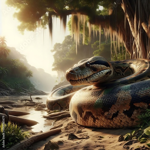 Titanoboa Resting by a River in a Prehistoric Jungle photo