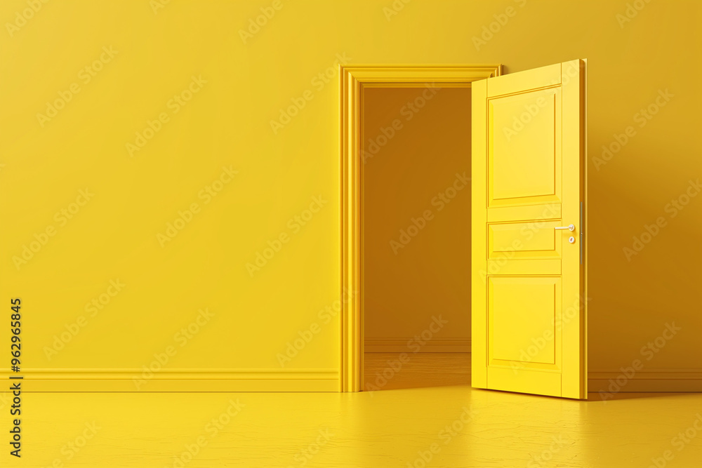Open yellow door on yellow background. Creative concept of accessibility, choice, exit. Generative AI illustration
Open yellow door on yellow background. Creative concept of accessibility, choice, exit. Generative AI illustration