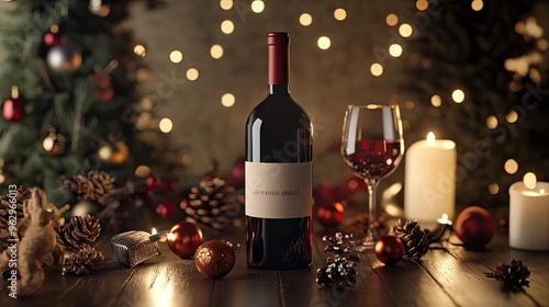 3D illustration of a custom wine bottle with a personalized label, arranged in a celebratory setting with festive elements and soft lighting.