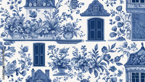 Seamless pattern in traditional Dutch hand painted delft blue and white with houses and flowers.