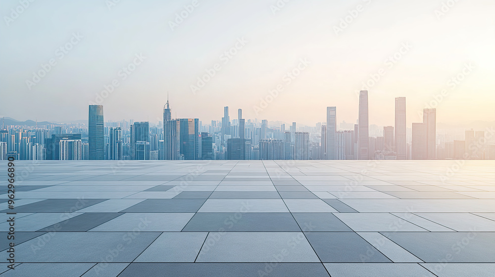 Empty square floor with a city skyline background, white sky and sunlight Empty square floor with a city skyline background, white sky and sunlight