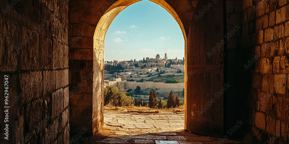 Fototapeta premium Ancient gate, arch entrance in brick wall with view of ancient city