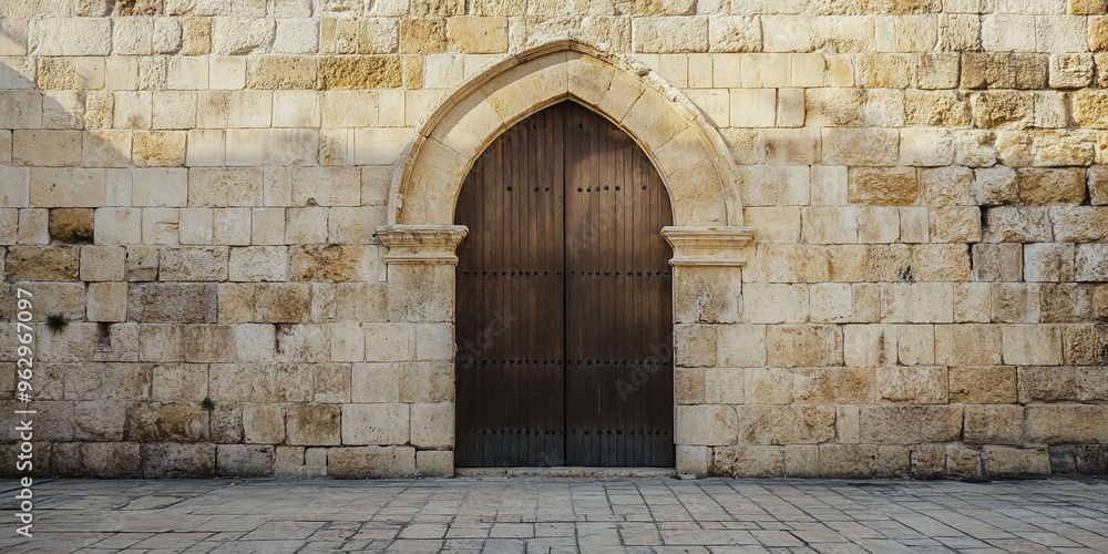 Obraz premium Ancient gate, arch entrance in brick wall with view of ancient city. Entrance to Jerusalem