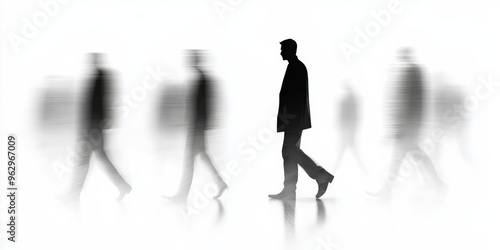 Epic Composition of People Walking with Blurred Motion, White Background, Artistic Telephoto Perspective.