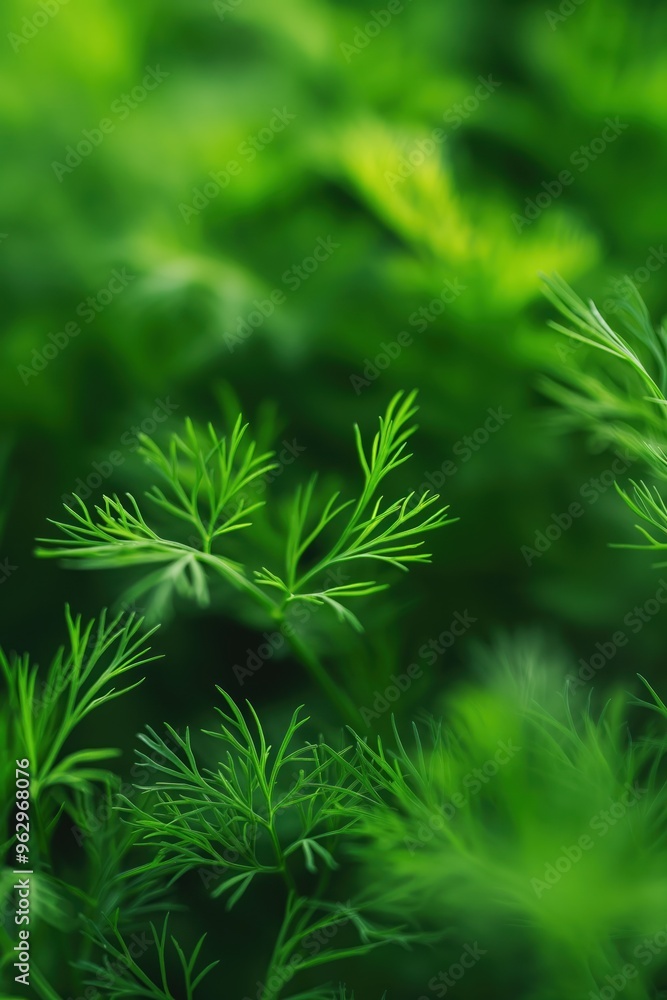 Green dill plants cluster close-up. Fresh herbs garden scene with curled leaves. Natural organic growth. Vibrant green color contrast background blur. Unique elevated angle perspective.