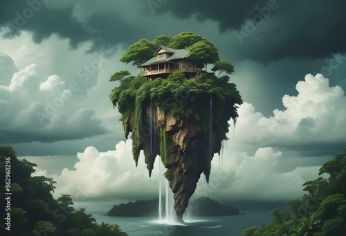 35mm film photography, a floating island-like structure with lush greenery and waterfalls suspended in the clouds against a dark, moody sky filled with swirling storm clouds, high detail, vintage  photo