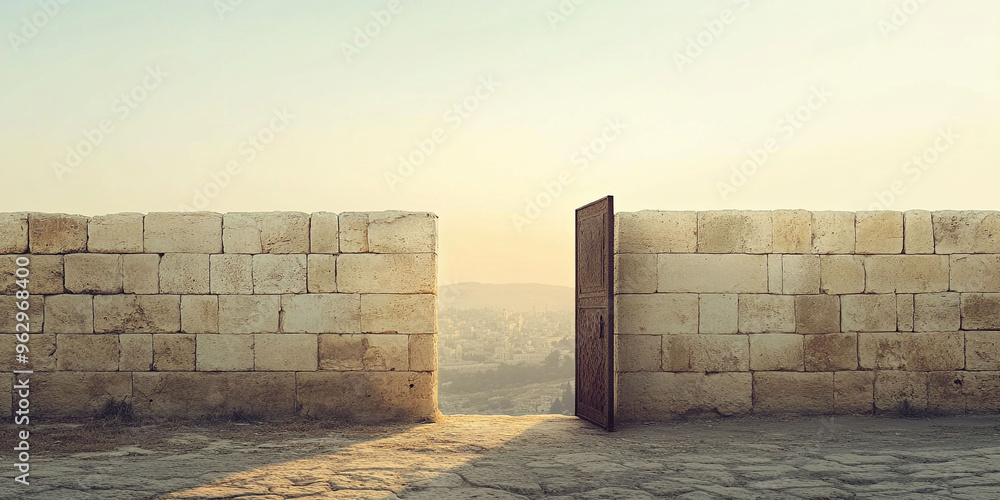 Fototapeta premium Ancient gate, entrance in brick wall with view of ancient city. Entrance to Jerusalem