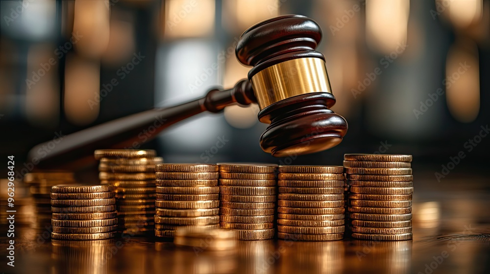 Wealth and Law: Judge's Gavel on Golden Coin Stacks Wealth and Law: Judge's Gavel on Golden Coin Stacks