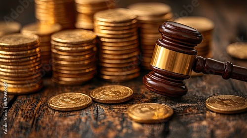 Legal Power: Gavel Resting on Piles of Gold Coins