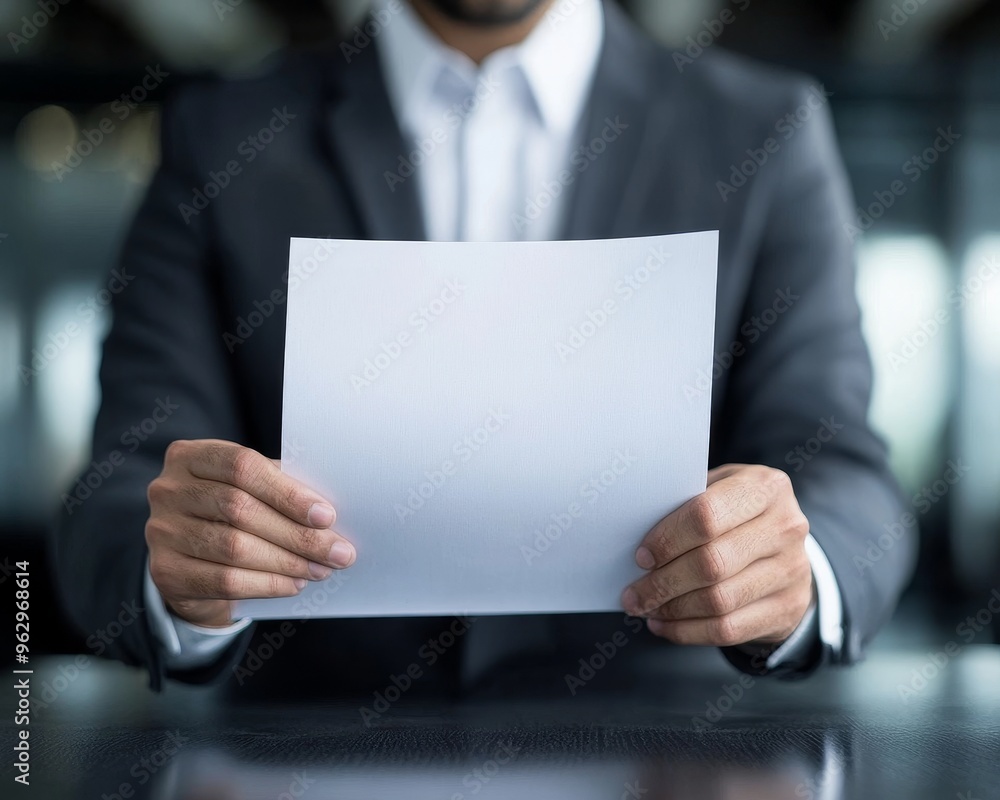 A businessman in a suit holds a blank sheet of paper in front of him. A businessman in a suit holds a blank sheet of paper in front of him.