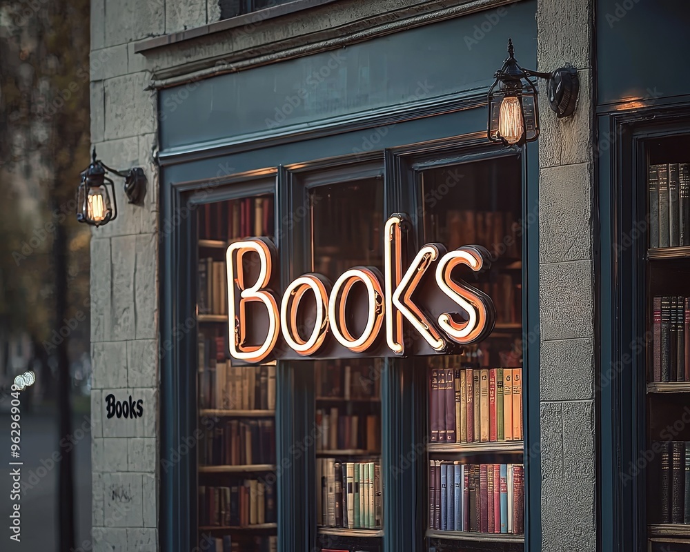 A charming bookstore storefront with a glowing neon A charming bookstore storefront with a glowing neon