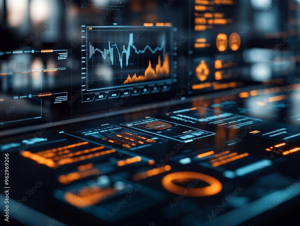 A close-up of a computer screen displaying a graph and other data, illuminated by orange and blue lights. The image represents technology, data analysis, and digital trends. A close-up of a computer screen displaying a graph and other data, illuminated by orange and blue lights. The image represents technology, data analysis, and digital trends.