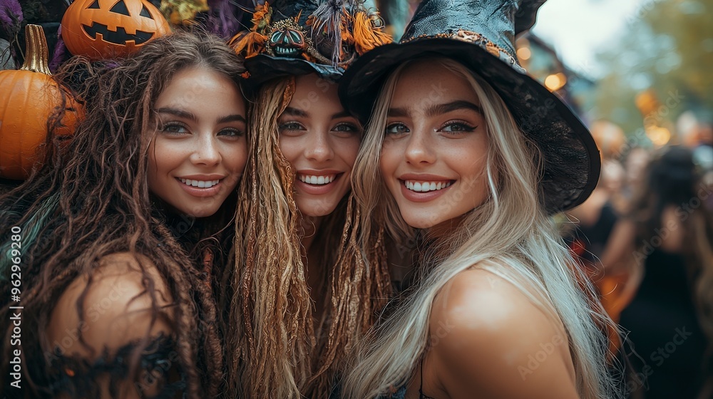 Fototapeta premium Three beautiful women in Halloween costumes, smiling at the camera with pumpkins in the background.