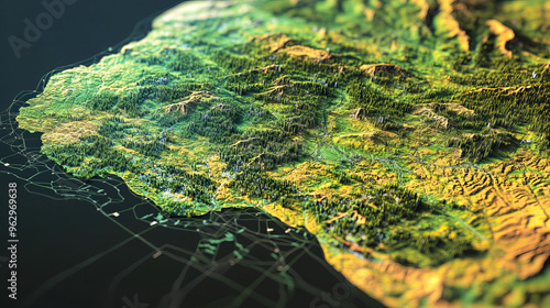 Technical aerial visual, 3D LiDAR GIS aerial map satellite scan model isolated, showing Boma, Congo . Elevation, topography, render photo