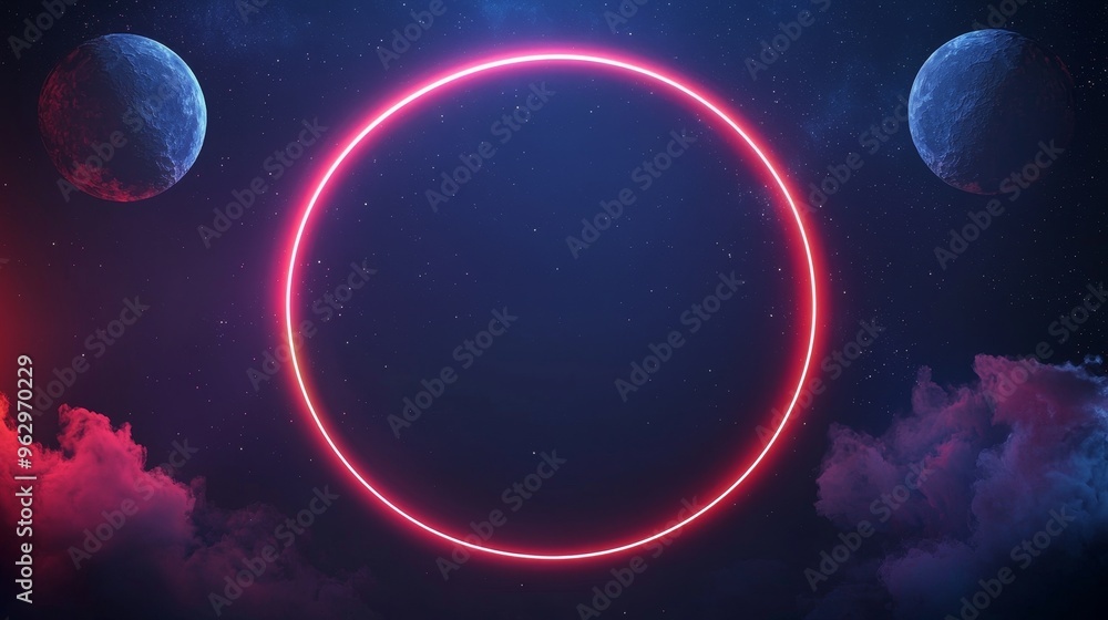 A glowing red neon circle against a dark blue background with two planets and clouds. A glowing red neon circle against a dark blue background with two planets and clouds.