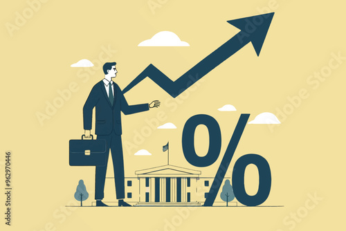 Illustration of a businessman standing next to a bank and graph of increasing percentage, symbol of bank interest rate increase
