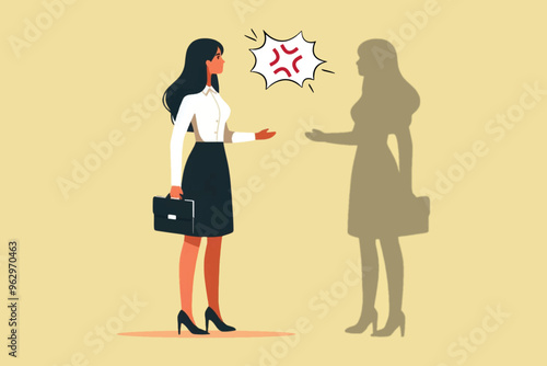 Illustration of an angry career woman with her reflection as a symbol of self-introspection
