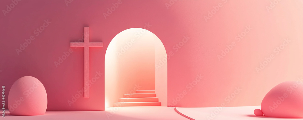 Minimalist Easter background with cross. Abstract Christian 3D symbols Minimalist Easter background with cross. Abstract Christian 3D symbols