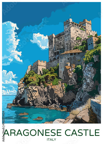 Aragonese Castle Italy Poster Illustration Travel Print Decor Gift Paper Canvas Wall Retro Art #962970624