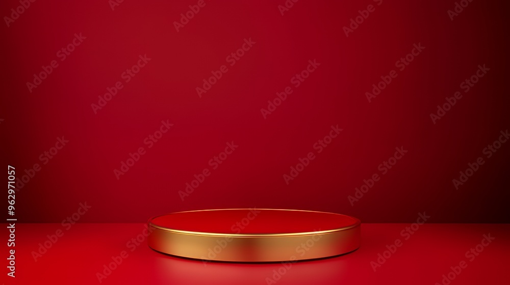 A gold cylindrical platform rests on a red surface, creating a minimalist and elegant backdrop. A gold cylindrical platform rests on a red surface, creating a minimalist and elegant backdrop.