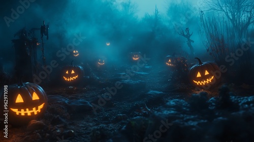 A spooky Halloween scene with carved jack-o-lanterns glowing in the dark, surrounded by fog and eerie lighting photo