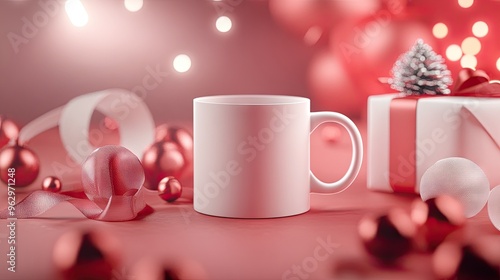 Custom-printed mug with a name on the front, presented in festive gift packaging with ribbon and soft lighting, 3D illustration.