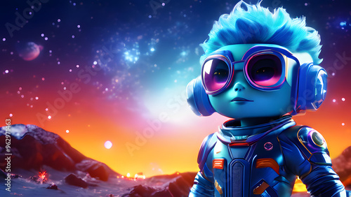 3D Cartoon Character with Bright Blue Hair in Futuristic Neon Space Suit on Glowing Alien Planet