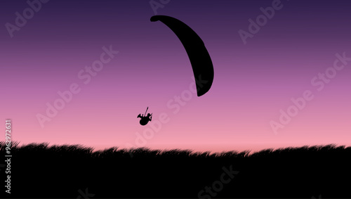 Landscape with paraglider in the sky, flat color illustration