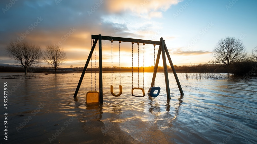 A flooded playground with a swing set in the water at sunset. A flooded playground with a swing set in the water at sunset.