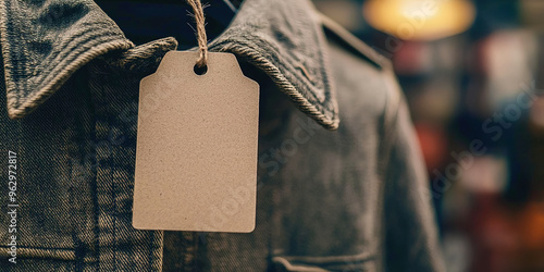 Blank mockup label on clothes in a store photo