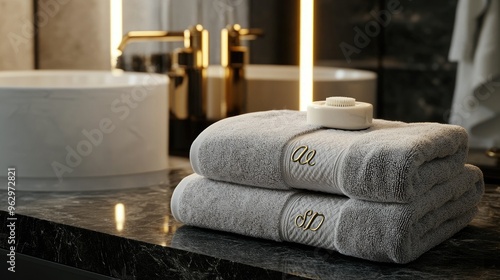 Luxurious name-embroidered towel set, folded neatly and placed in an elegant bathroom setting, 3D illustration highlighting soft textures.