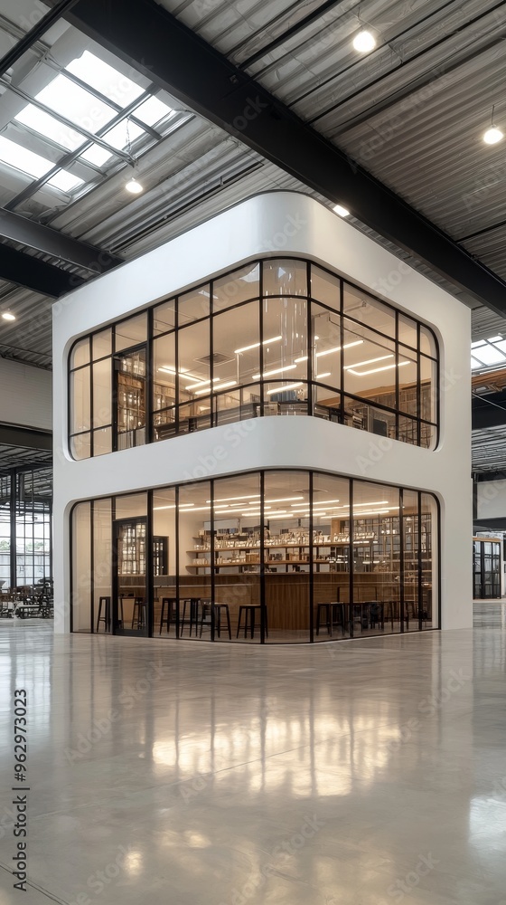 Modern glass and steel office building with a sleek, minimalist design. Modern glass and steel office building with a sleek, minimalist design.