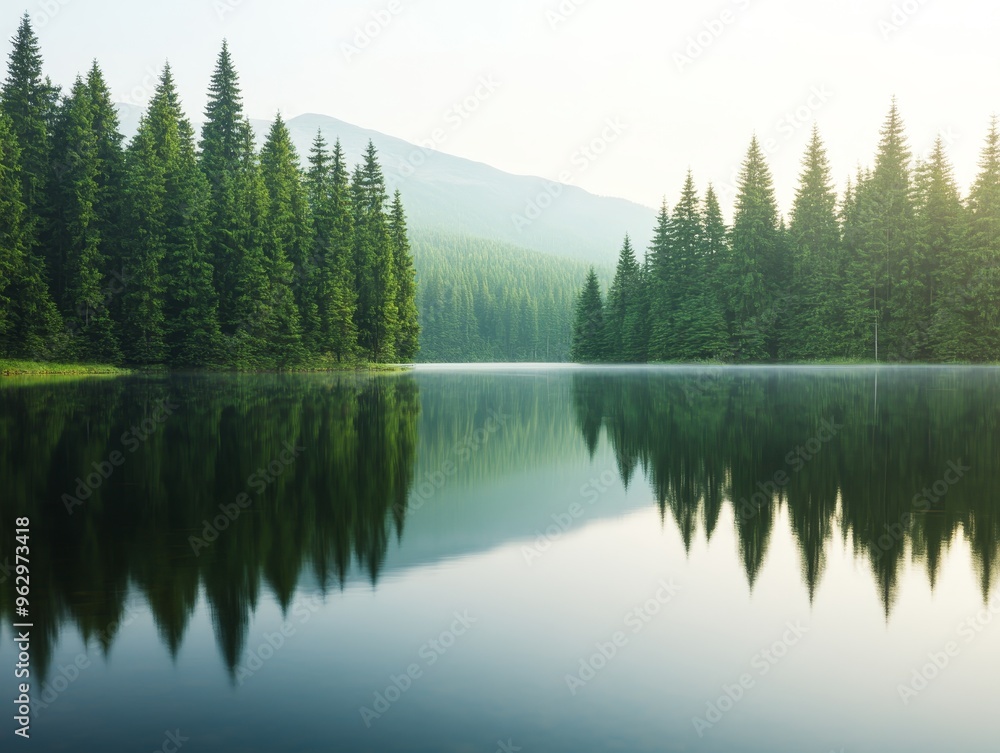 Tranquil morning mist over a serene lake surrounded by a dense forest of fir trees. The water is perfectly still, reflecting the trees and mountains. Tranquil morning mist over a serene lake surrounded by a dense forest of fir trees. The water is perfectly still, reflecting the trees and mountains.