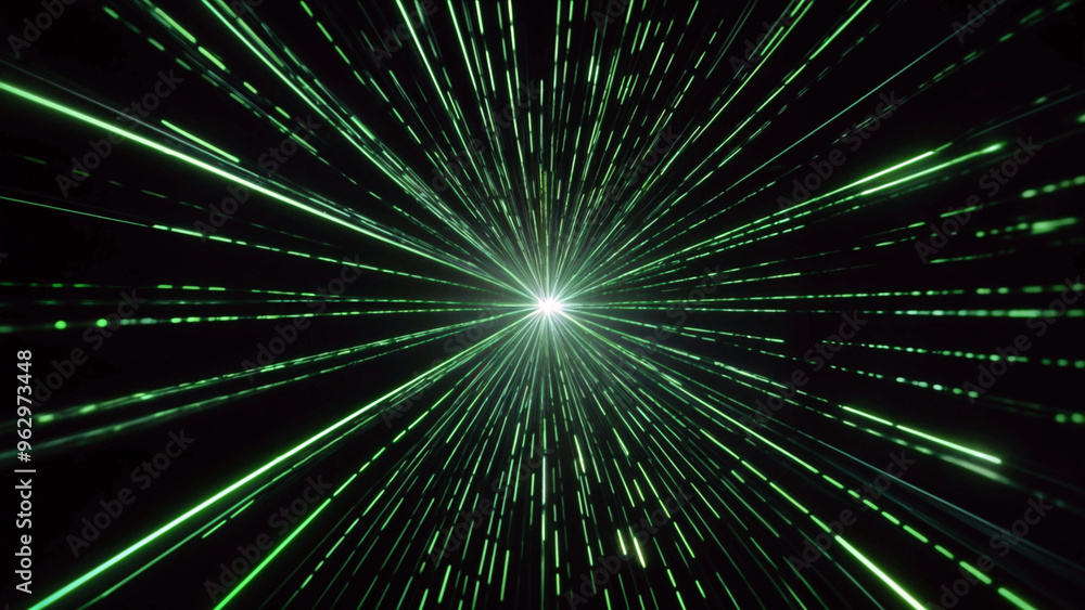 Green laser beams radiating from a central point on black background Green laser beams radiating from a central point on black background