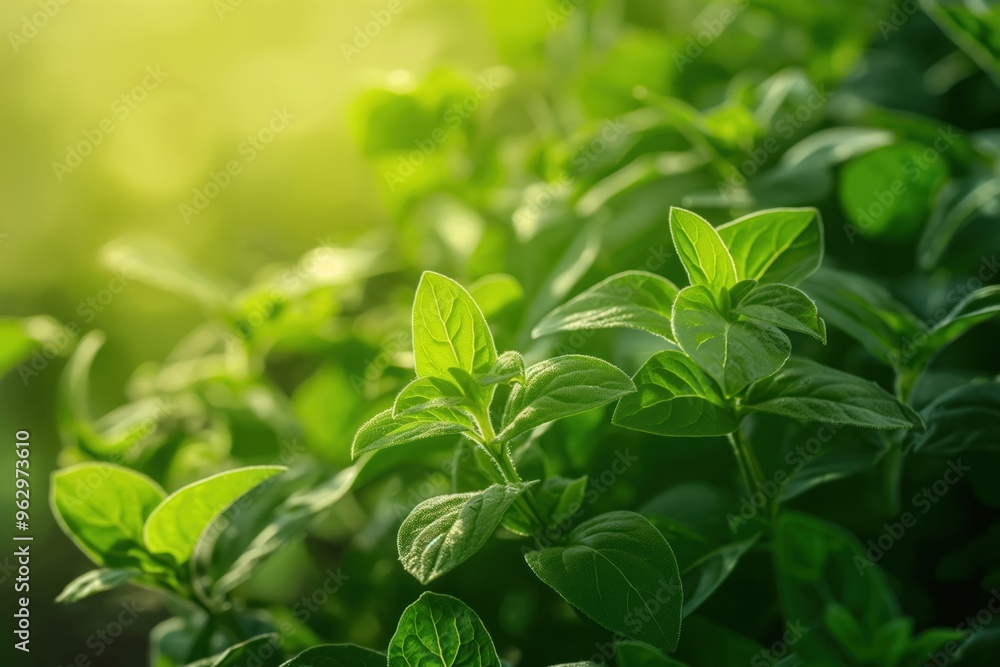 Green oregano plant close-up with blurred background. Fresh herbs garden photo. Oregano leaves in focus with depth and perspective. Perfect for foodie blog, recipe book or eco-friendly brand Green oregano plant close-up with blurred background. Fresh herbs garden photo. Oregano leaves in focus with depth and perspective. Perfect for foodie blog, recipe book or eco-friendly brand