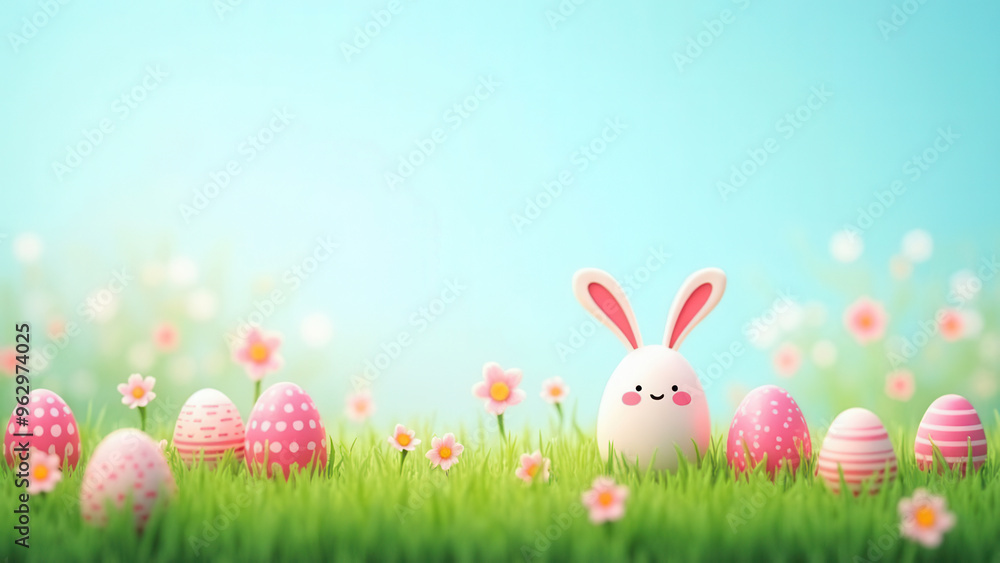 Fototapeta premium Cute easter card with flowers and eggs and copy space