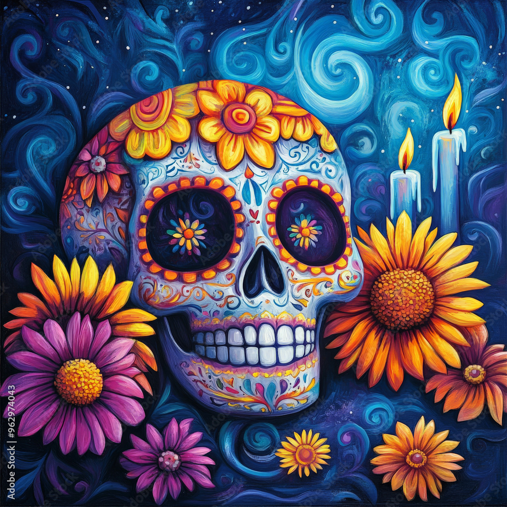 Skull Decorated with Marigold Petals and Candles Surrounded by Flowers - Floral Shadows Days Of The Dead - Vibrant and Symbolic Illustrations
Skull Decorated with Marigold Petals and Candles Surrounded by Flowers - Floral Shadows Days Of The Dead - Vibrant and Symbolic Illustrations