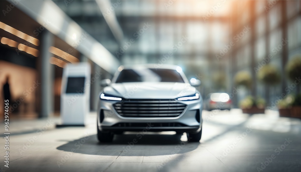 Obraz premium Modern luxury car in showroom with blurred background and bright lighting