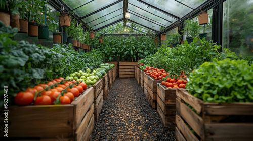 Wallpaper Mural Lush greenery and ripe veggies in wooden boxes create a vibrant display in the greenhouse Torontodigital.ca