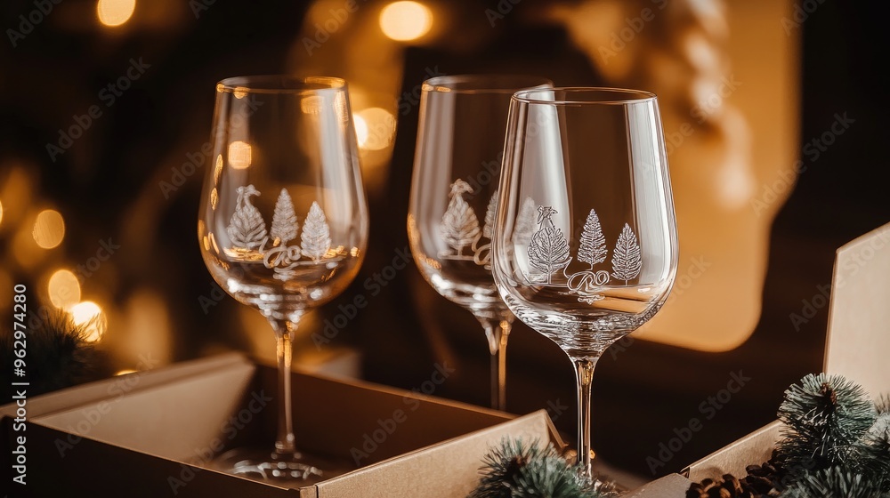 Personalized glassware set in stylish packaging, ready for gifting on a special occasion. The glass sparkles with custom engravings under soft lighting. Personalized glassware set in stylish packaging, ready for gifting on a special occasion. The glass sparkles with custom engravings under soft lighting.