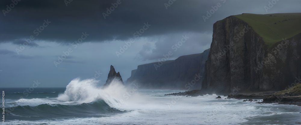 Majestic large wave crashing into rugged cliff side, nature's raw power displayed Majestic large wave crashing into rugged cliff side, nature's raw power displayed